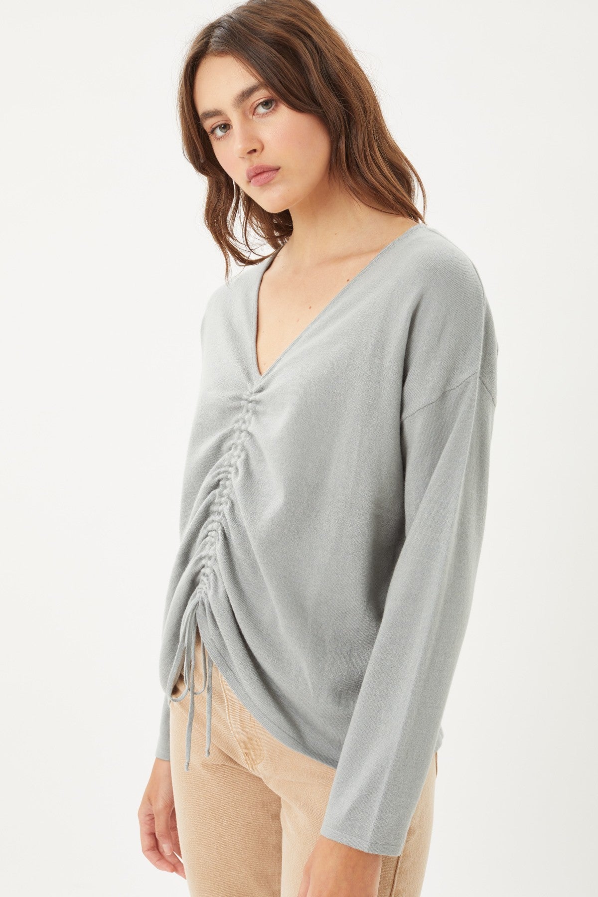 A V-neckline Drawstring Ruched Top