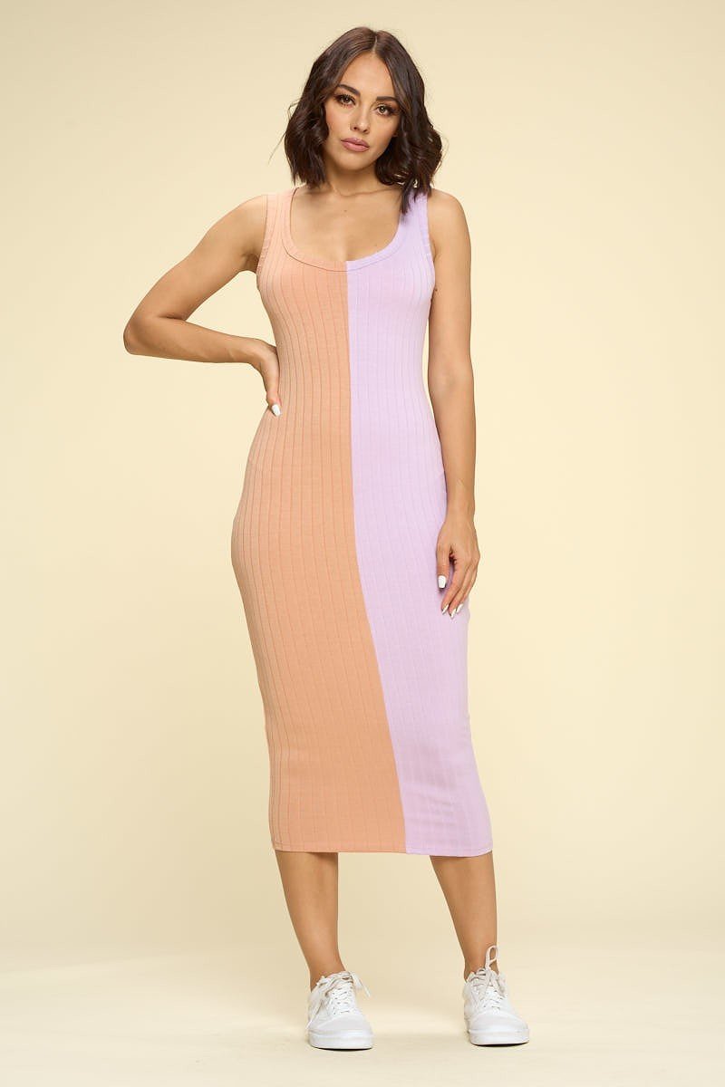 Casual Two-tone Midi Dress, Scoop Neck, Sleeveless