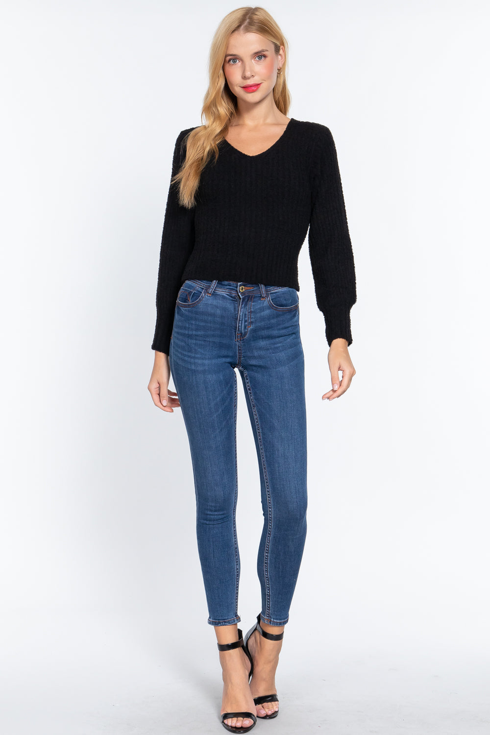 Long Puff Slv V-neck Rib Sweater