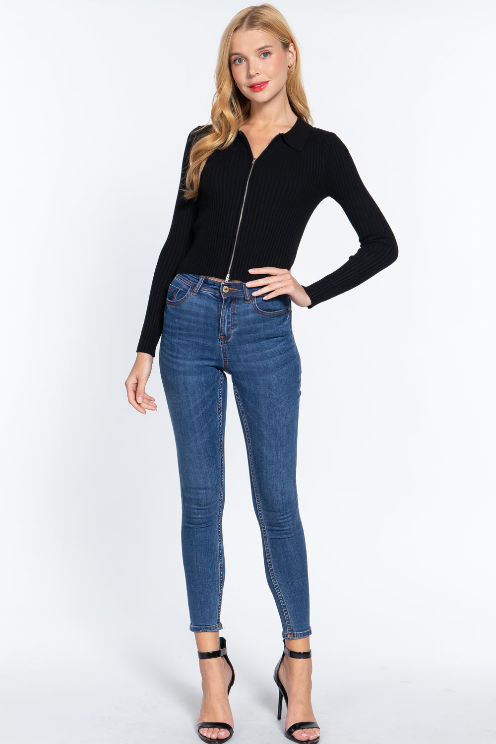 Notched Collar Zippered Sweater