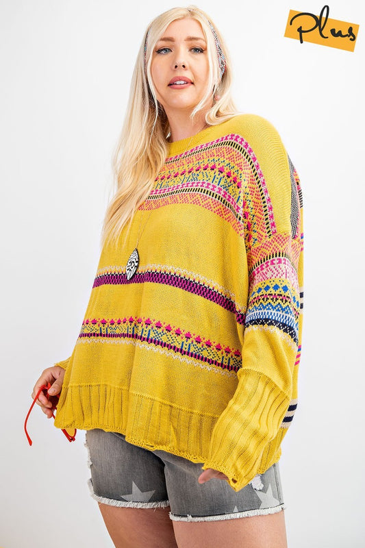 Plus Size Boho Patterned Knitted Sweater Pullover