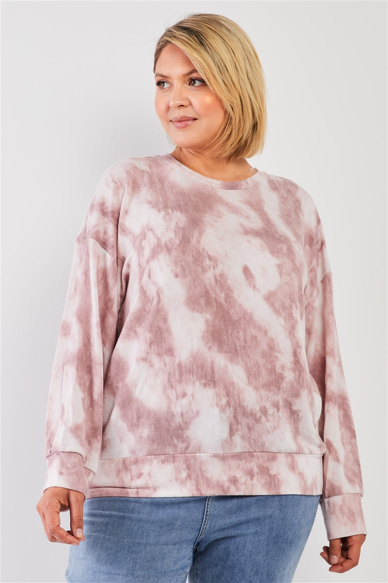 Plus Mauve Tie-dye Ruched Back Detail Long Sleeve Sweatshirt Top