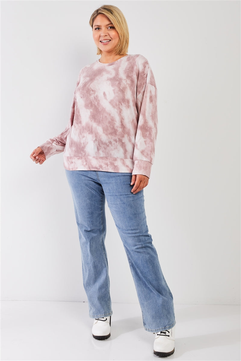 Plus Mauve Tie-dye Ruched Back Detail Long Sleeve Sweatshirt Top