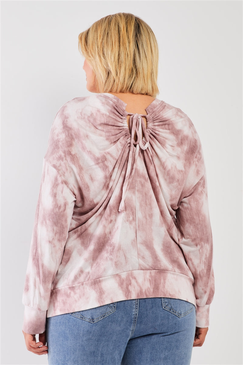 Plus Mauve Tie-dye Ruched Back Detail Long Sleeve Sweatshirt Top