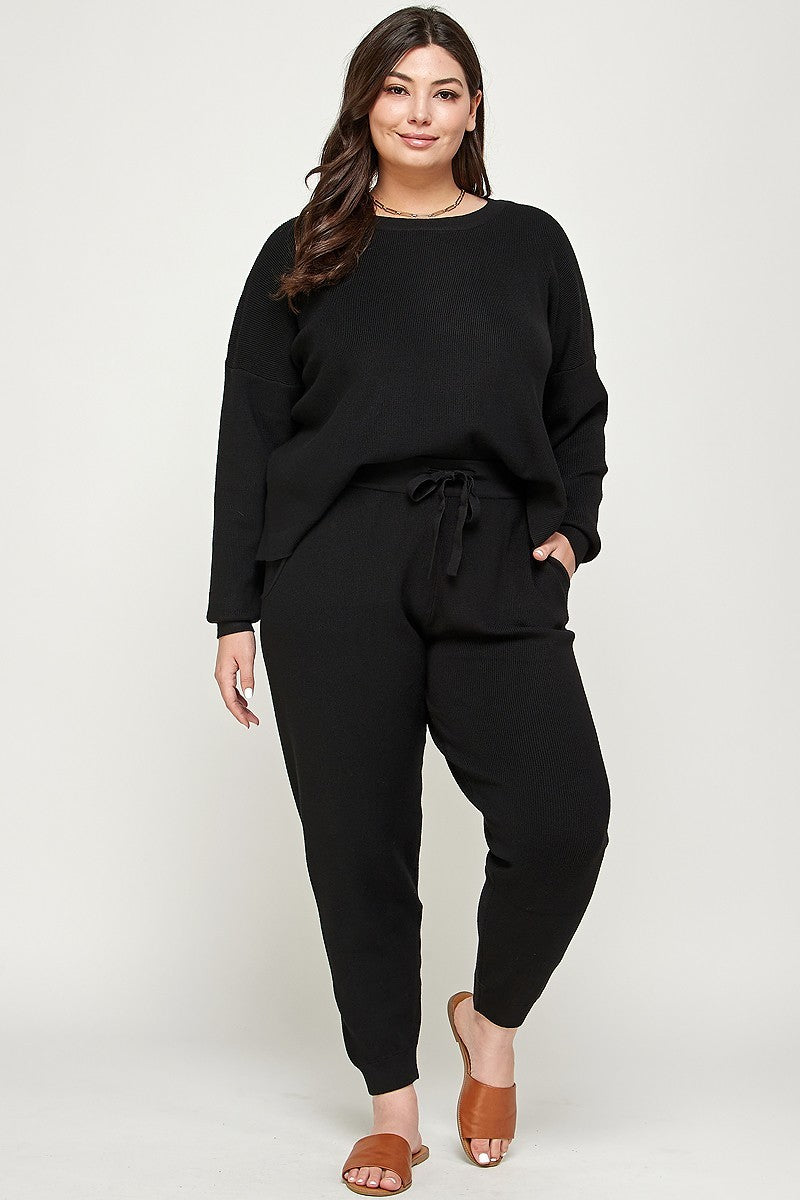 Plus Size Solid Sweater Knit Top And Pant Set