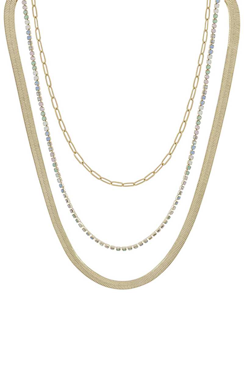 3 Layered Metal Rhinestone Chain Necklace