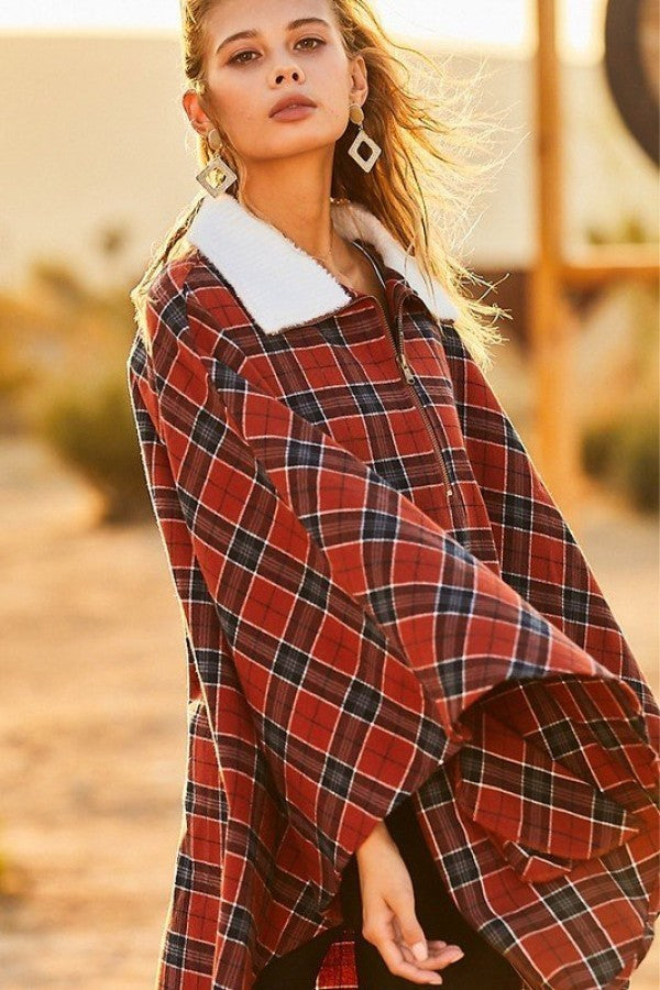 Mock Neck With Zipper Contrast Inside Front Pocket Plaid Poncho