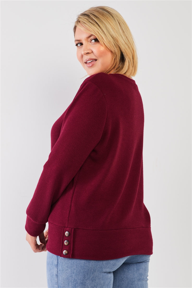 Plus Wine Red Ribbed Round Neck Long Balloon Sleeve Button Trim Top