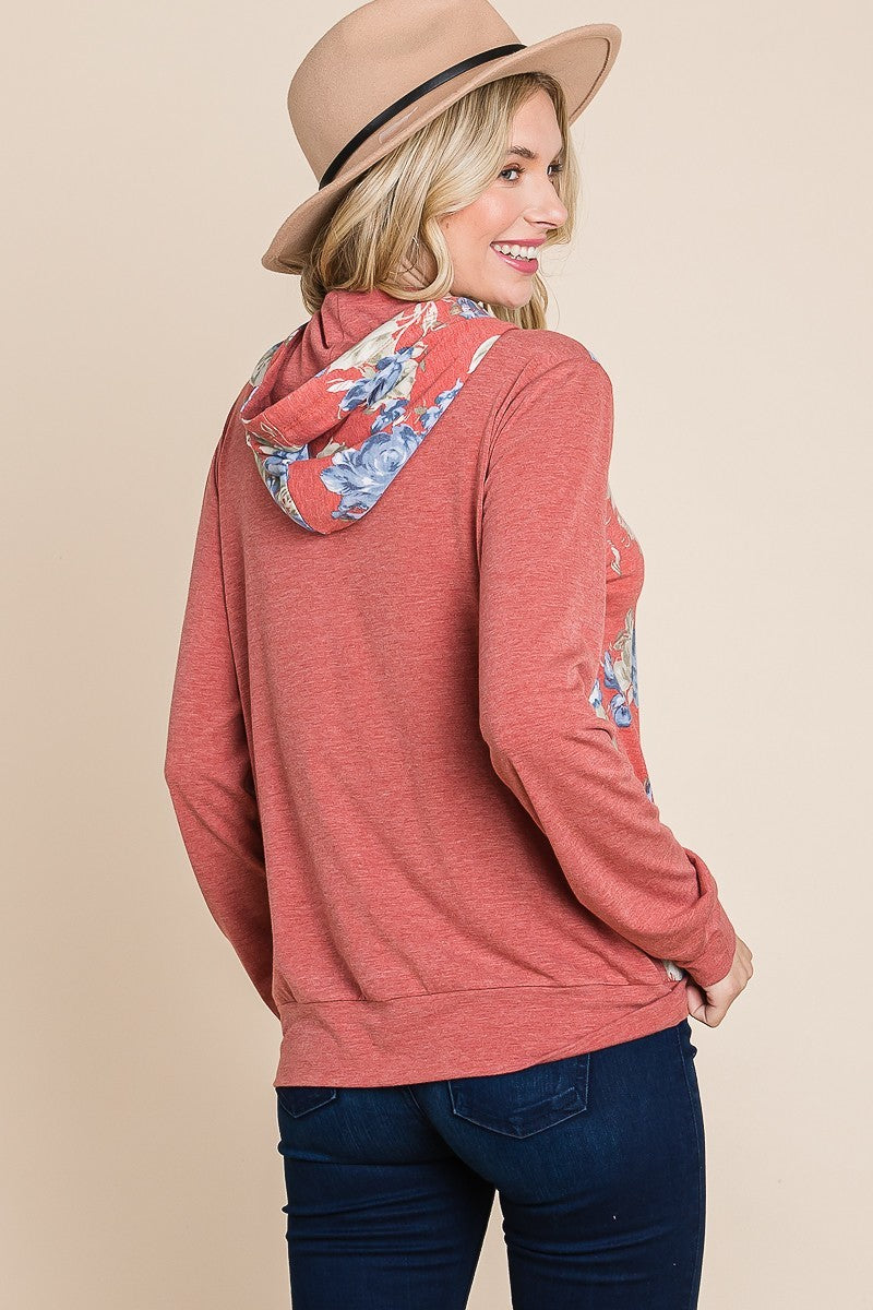 Floral Printed Contrast Hoodie With Relaxed Fit And Cuff Detail