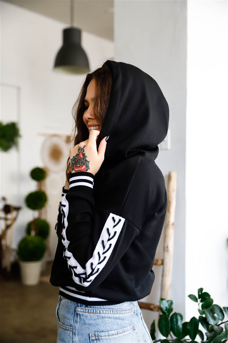 Black Contrast Lace Up Sleeve Detail Striped Cuff & Hem Hooded Sweatshirt