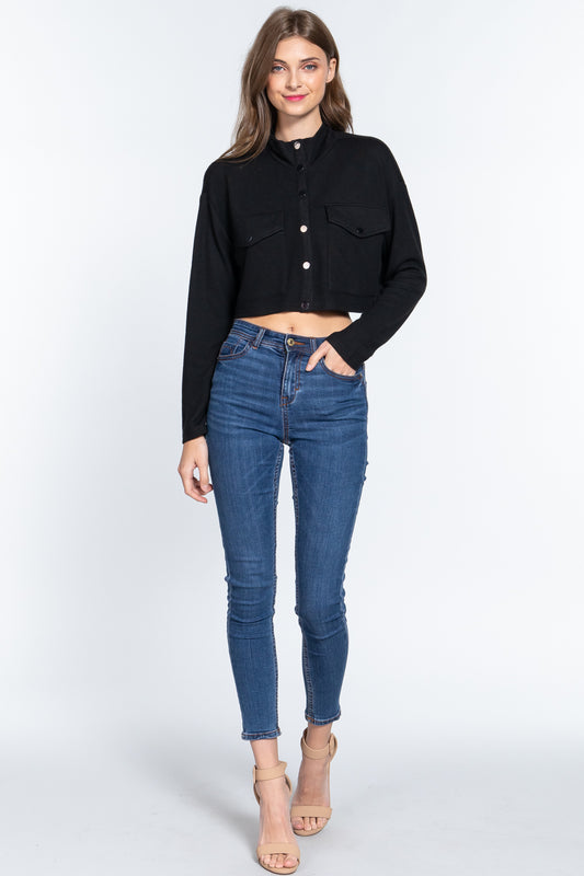 Long Slv Snap Button Crop Jacket