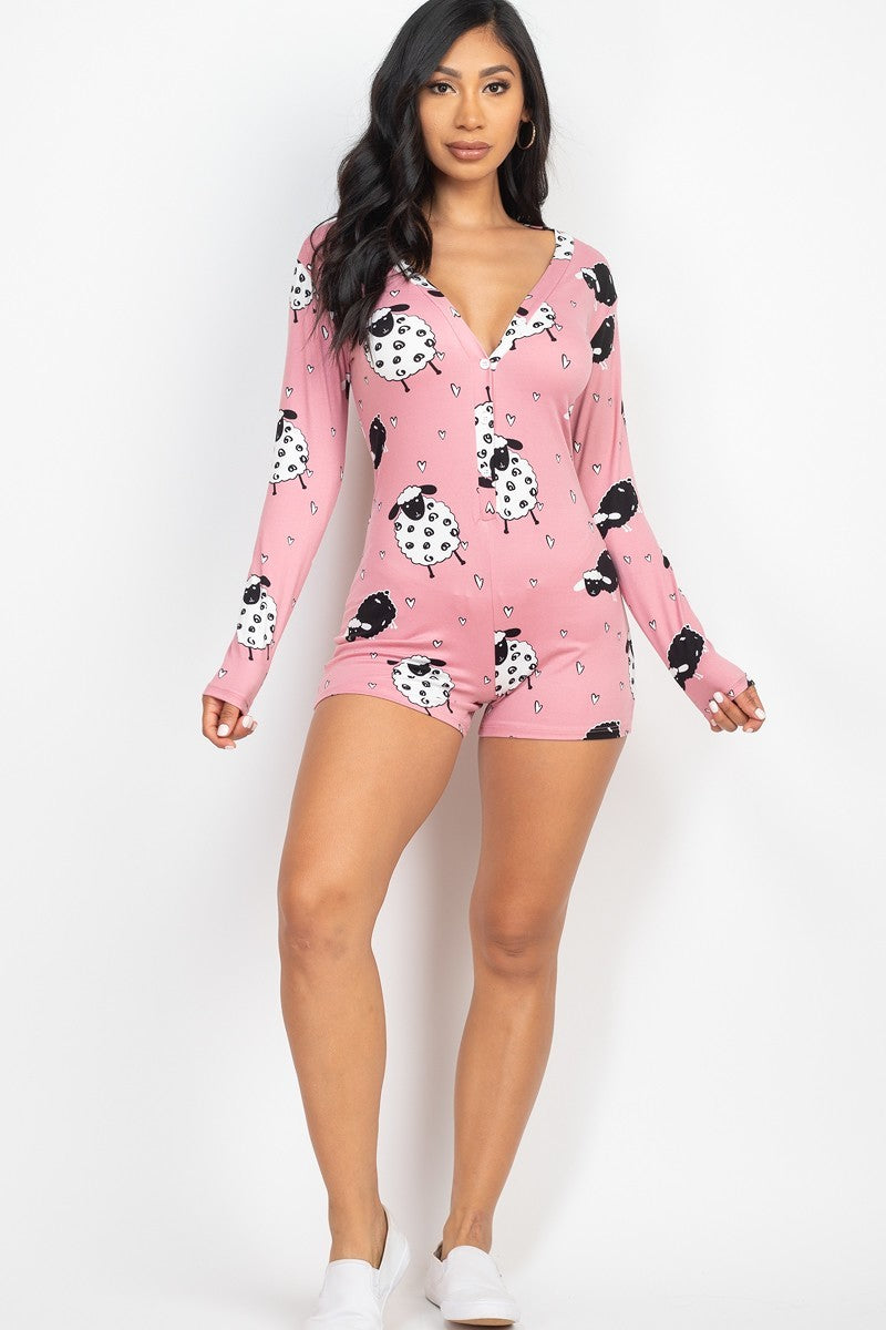 Sheep Print V-neck Button Romper