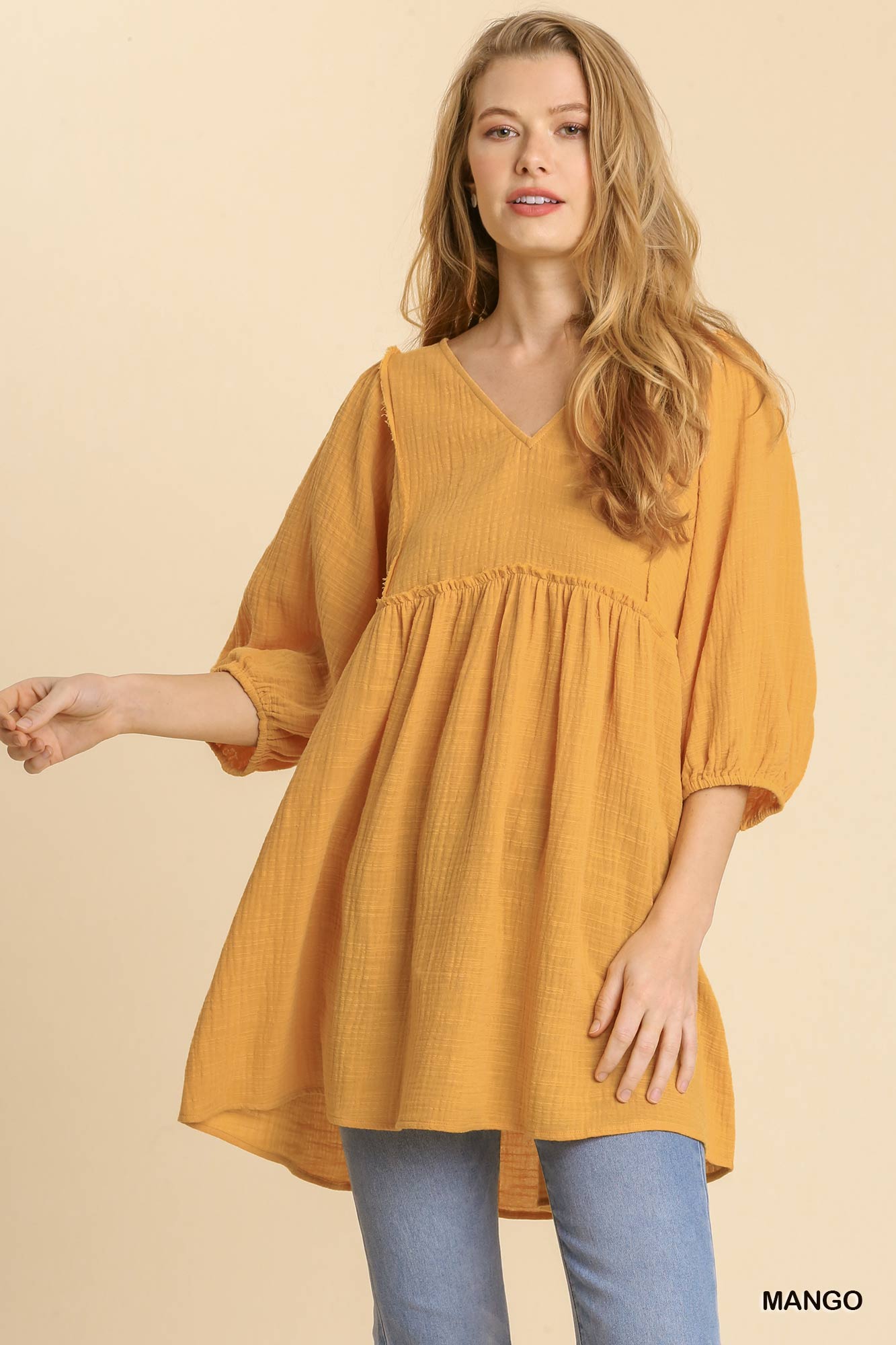 Gauze Slub V-neck Frayed Edge Detail Tunic Dress