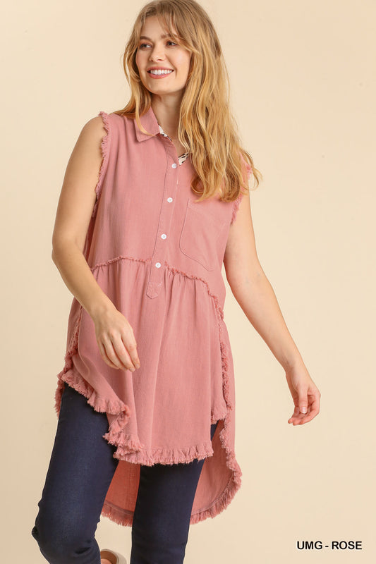 Linen Blend Sleeveless  Button Front Tunic With Frayed Round Hems