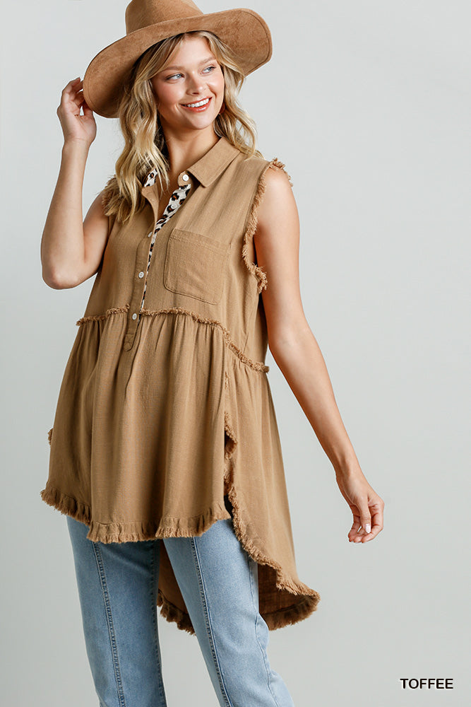 Linen Blend Sleeveless Button Front Tunic With Frayed Round Hems