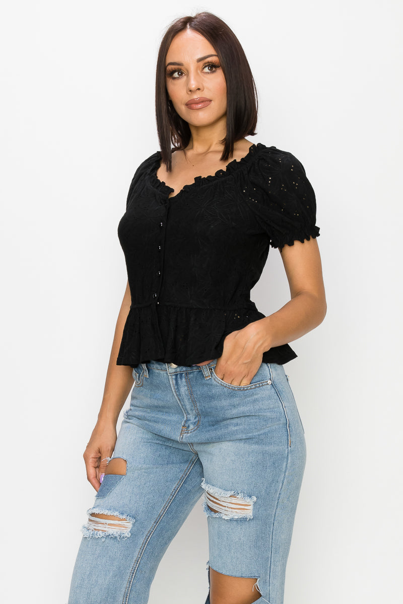 Peplum Eyelet Puff Sleeve Top