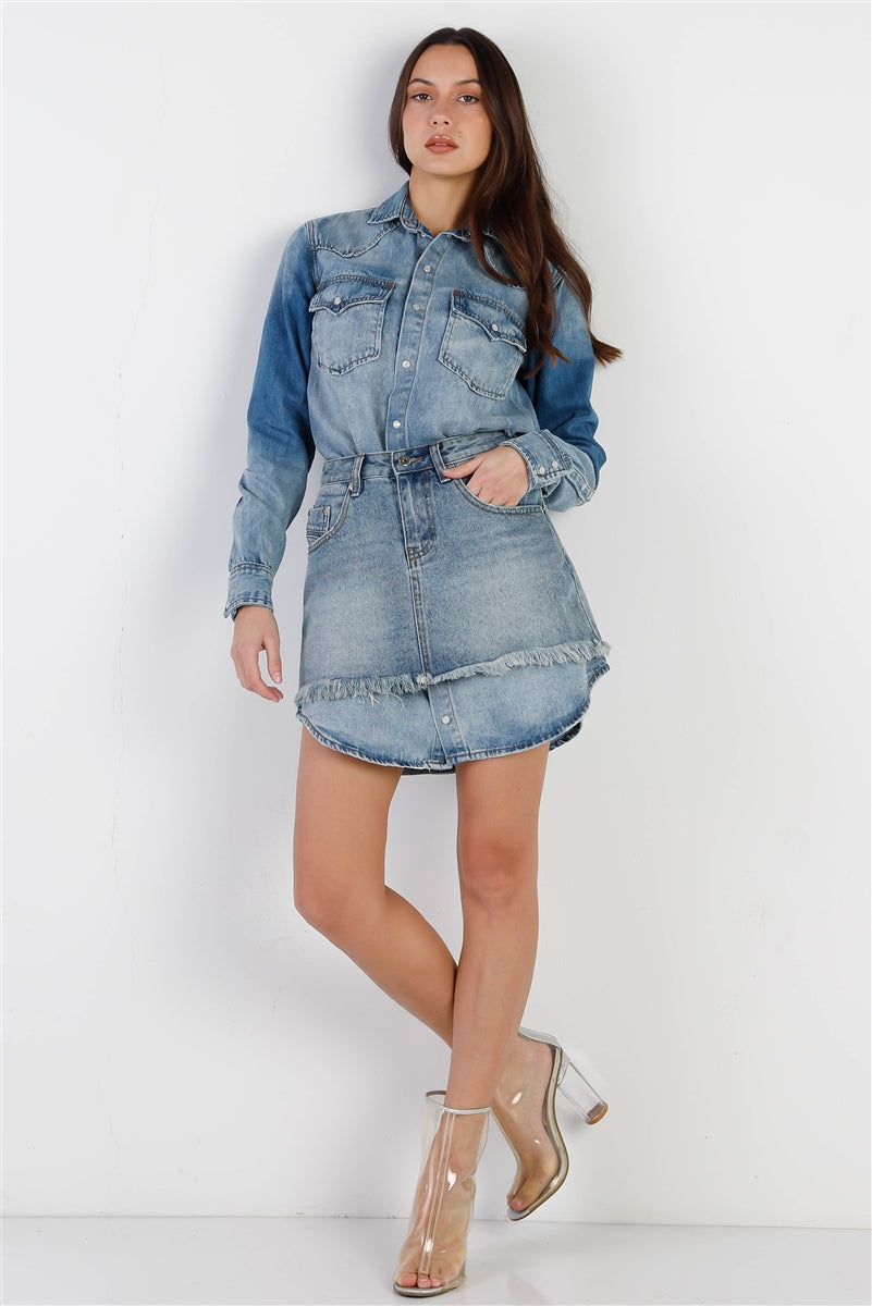 Light Denim Cotton Button Up Long Shirt & Mini Skirt Set