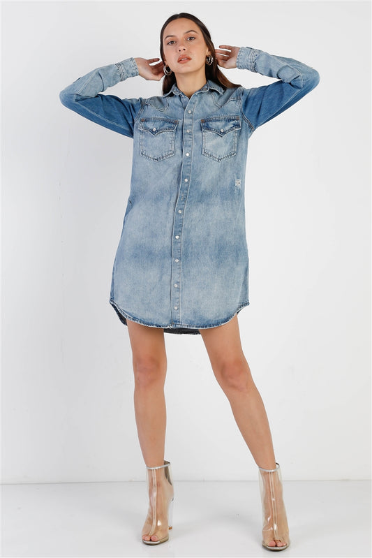 Light Denim Cotton Button Up Long Shirt & Mini Skirt Set