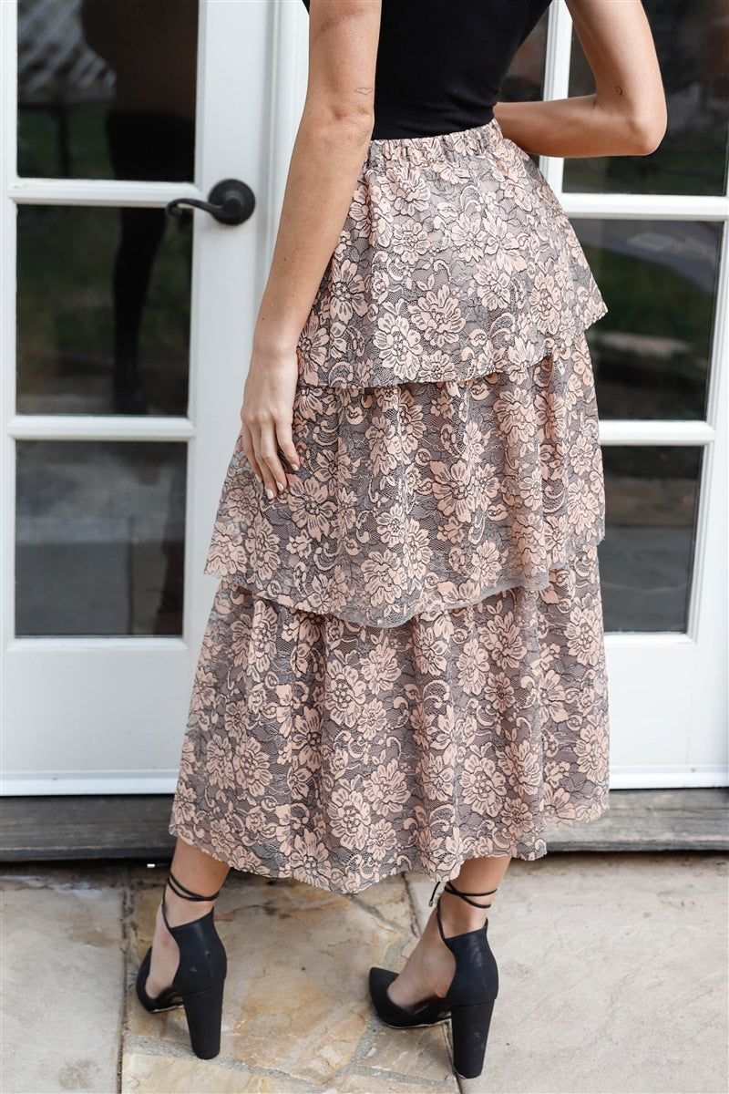 Peach & Grey Lace Layered Ruffled Midi Skirt