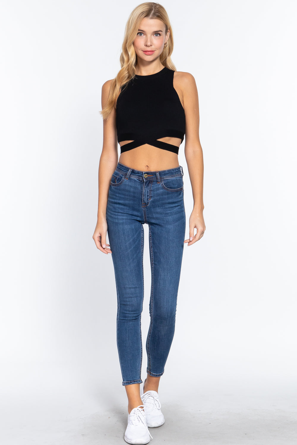 Sleeveless Crew Neck Waist Tie Crop Sweater Top