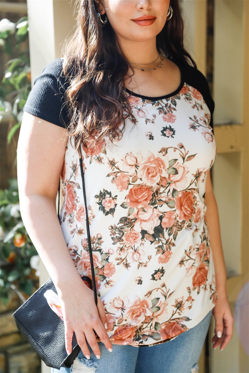 Plus Floral Print & Ribbed Black Colorblock Top