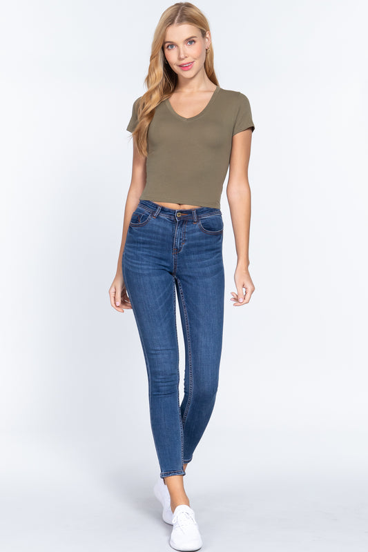 Short Sleeve V-neck Crop Top