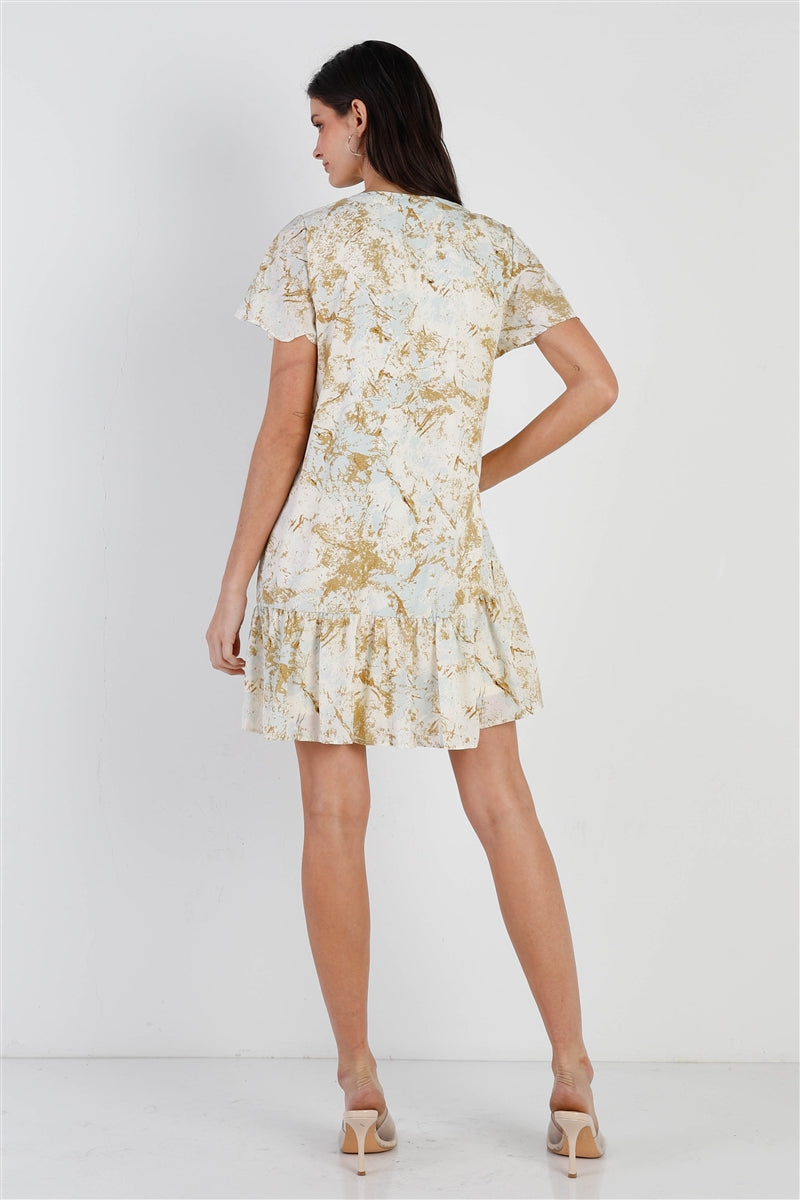 Olive & Taupe Color Paint Print Ruffle Hem Button Up Detail Mini Dress