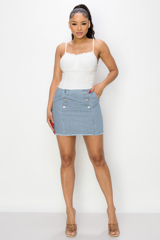 Button Frayed Denim Mini Skirt