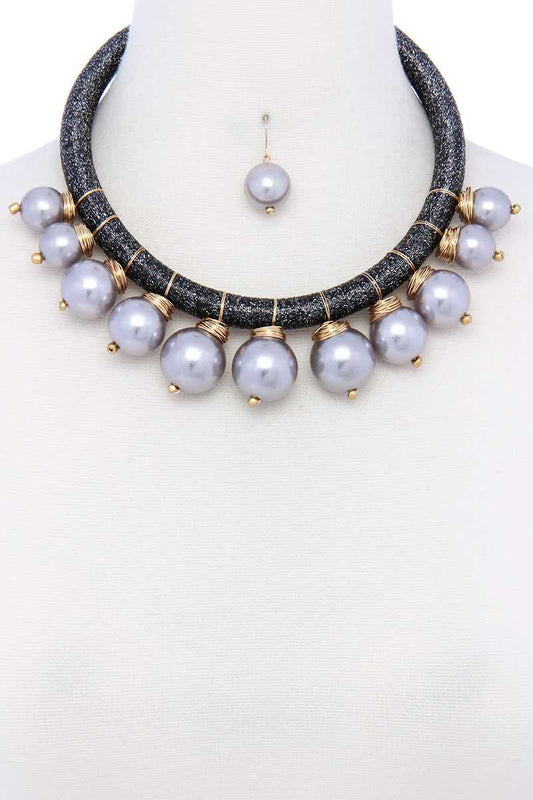 Pearl Metallic Thread Necklace And Earring Set