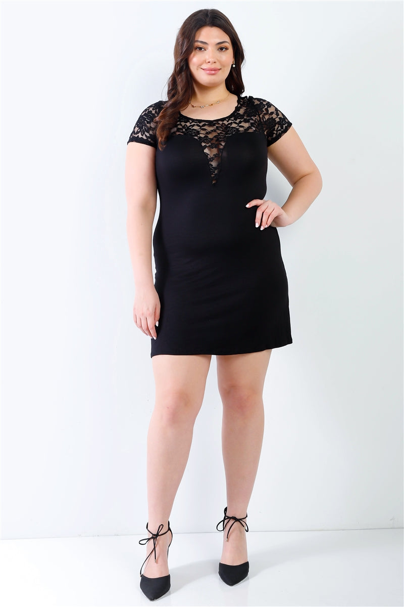 Plus Lace Details Short Sleeve Mini Dress