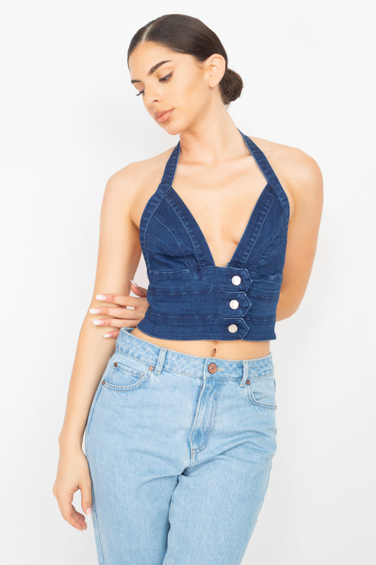 Denim Halter Neck Seamed Crop Top