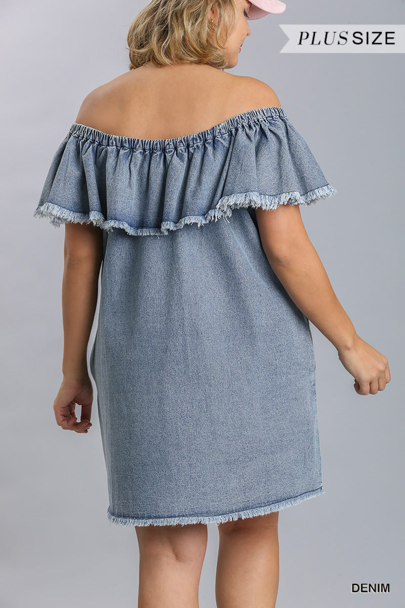 Off Shoulder Ruffled Denim Dress With Frayed Hem & Pockets