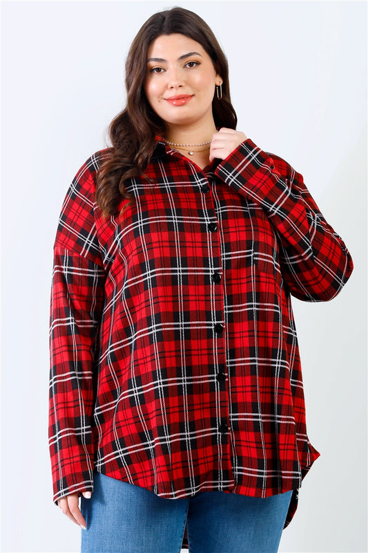 Plus Black & Red Plaid Collared Button Up Shirt Top