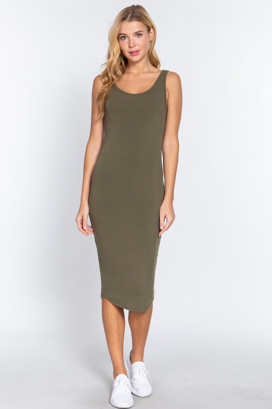 Sleeveless Scoop Neck Rib Midi Dress