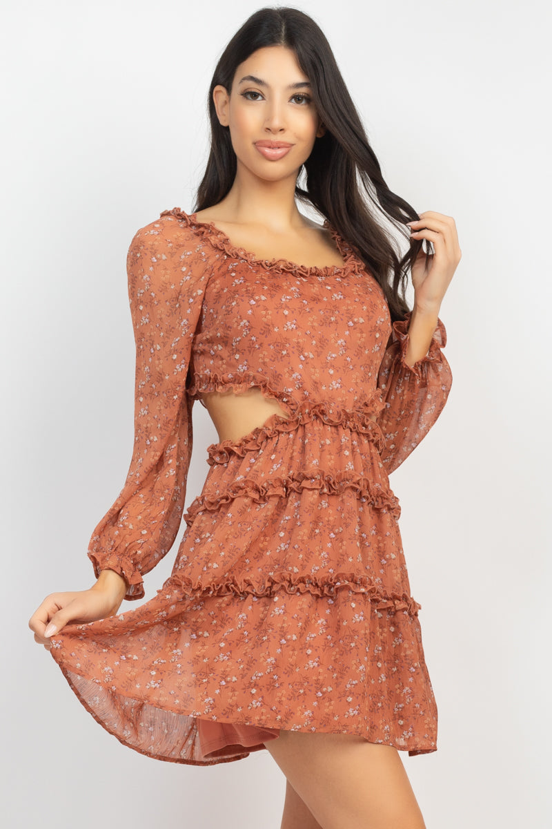 Ruffled Cutout Ditsy Floral Dress