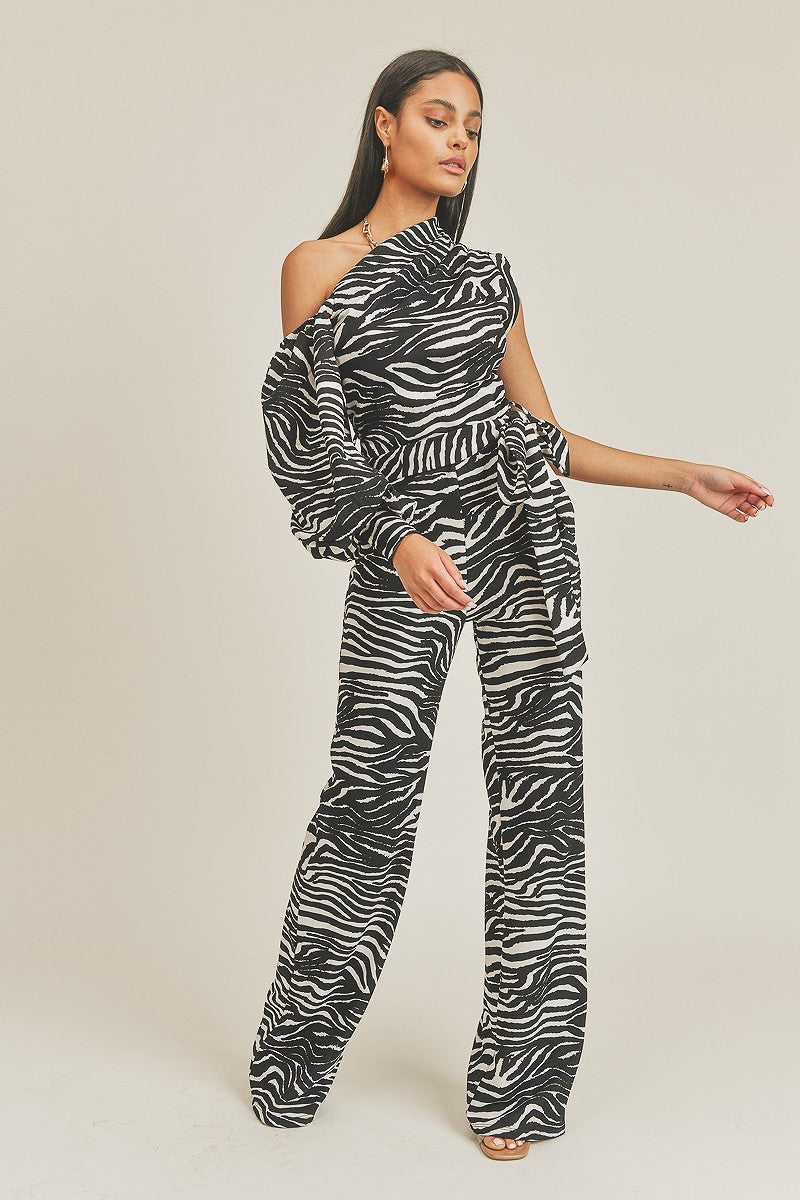 One Shoulder Zebra Print Jumpsuit