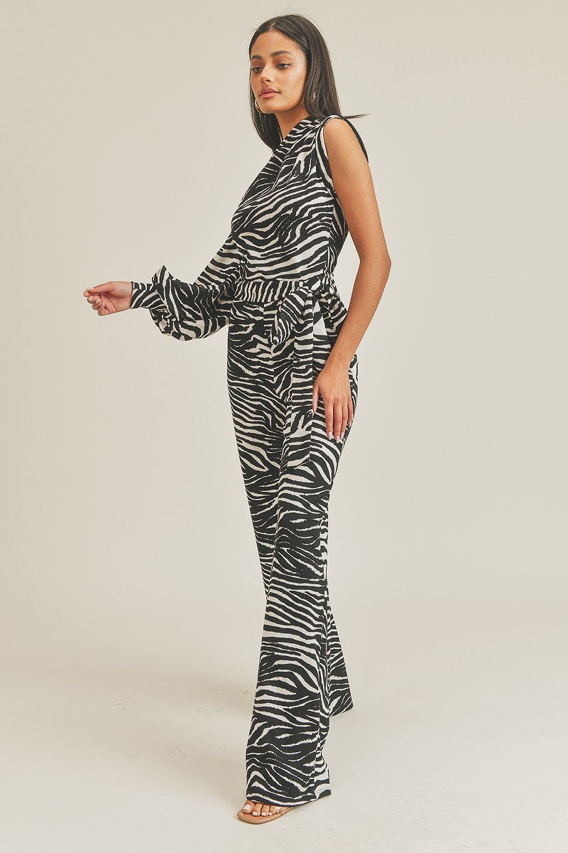 One Shoulder Zebra Print Jumpsuit