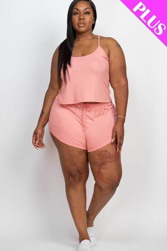 Plus Ribbed Strappy Top And Shorts Set