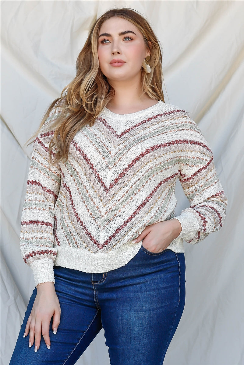 Plus Stripe Knit Cotton Blend Long Sleeve Top