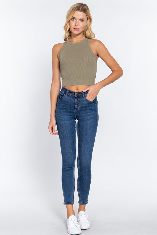 Halter Neck Rib Crop Tank Top