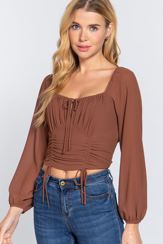 Long Sleeve Front Tied Ruched Detail Woven Top