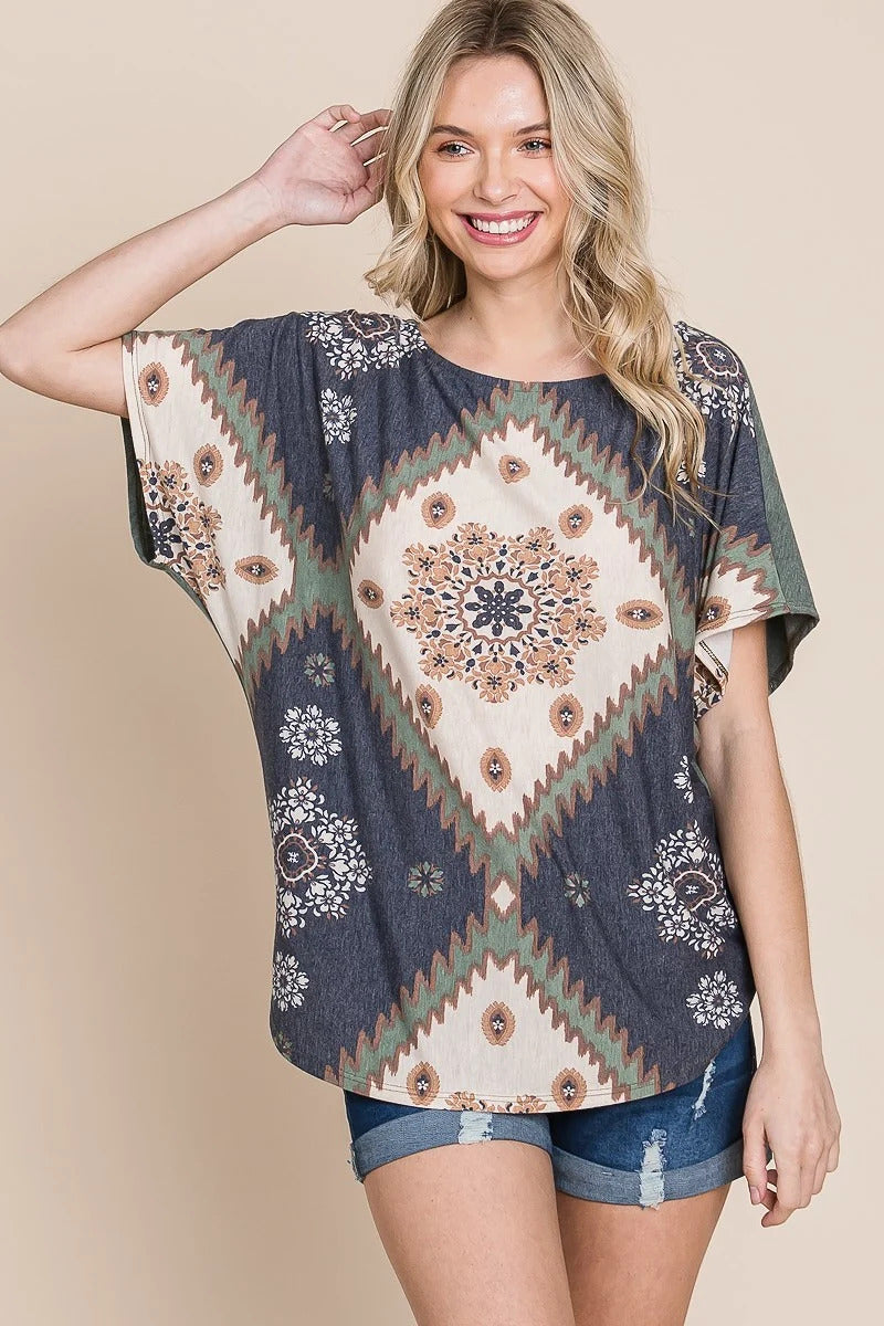 Floral Chevron Printed Off Shoulder Dolman Sleeves Top