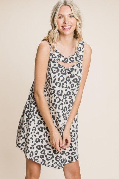 Cute Animal Print Cut Out Neckline Sleeveless Tunic Dress