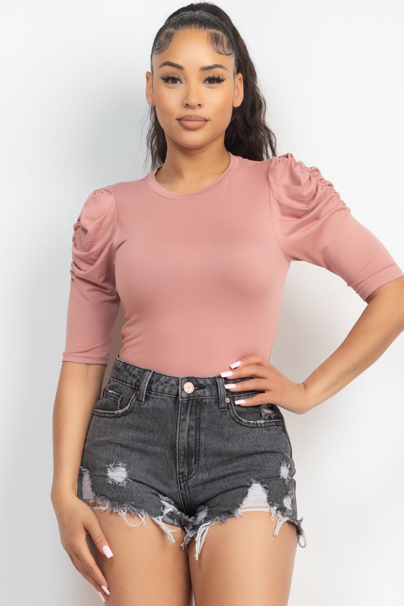 Round Neck Puff Ruched Sleeve Top