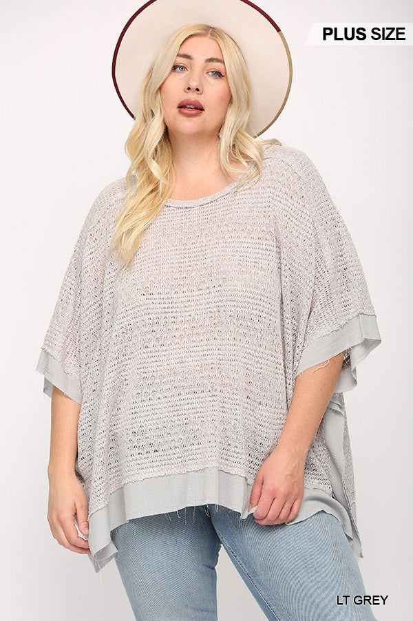 Light Knit And Woven Mixed Boxy Top With Poncho Sleeve