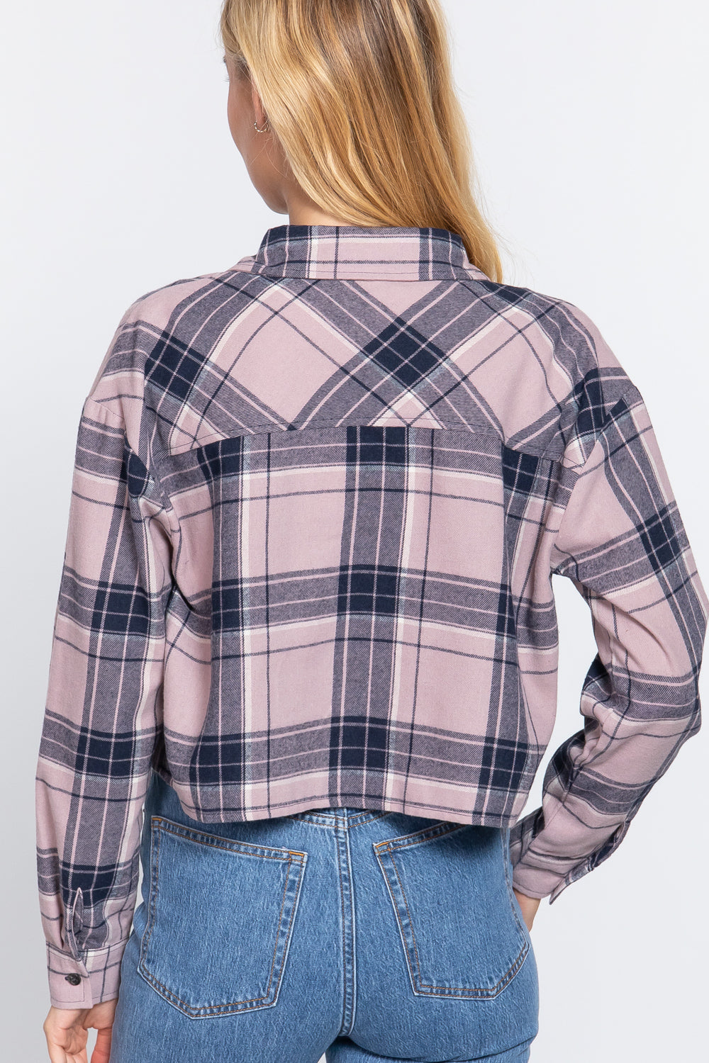 Long Slv Plaid Jacquard Crop Shirt