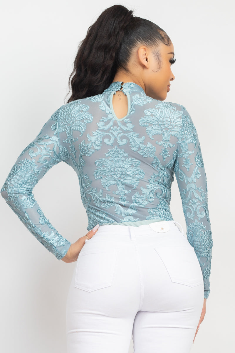 Embroidered Mock Neck Keyhole Bodysuit