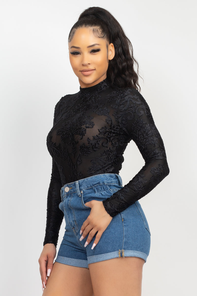 Embroidered Mock Neck Keyhole Bodysuit