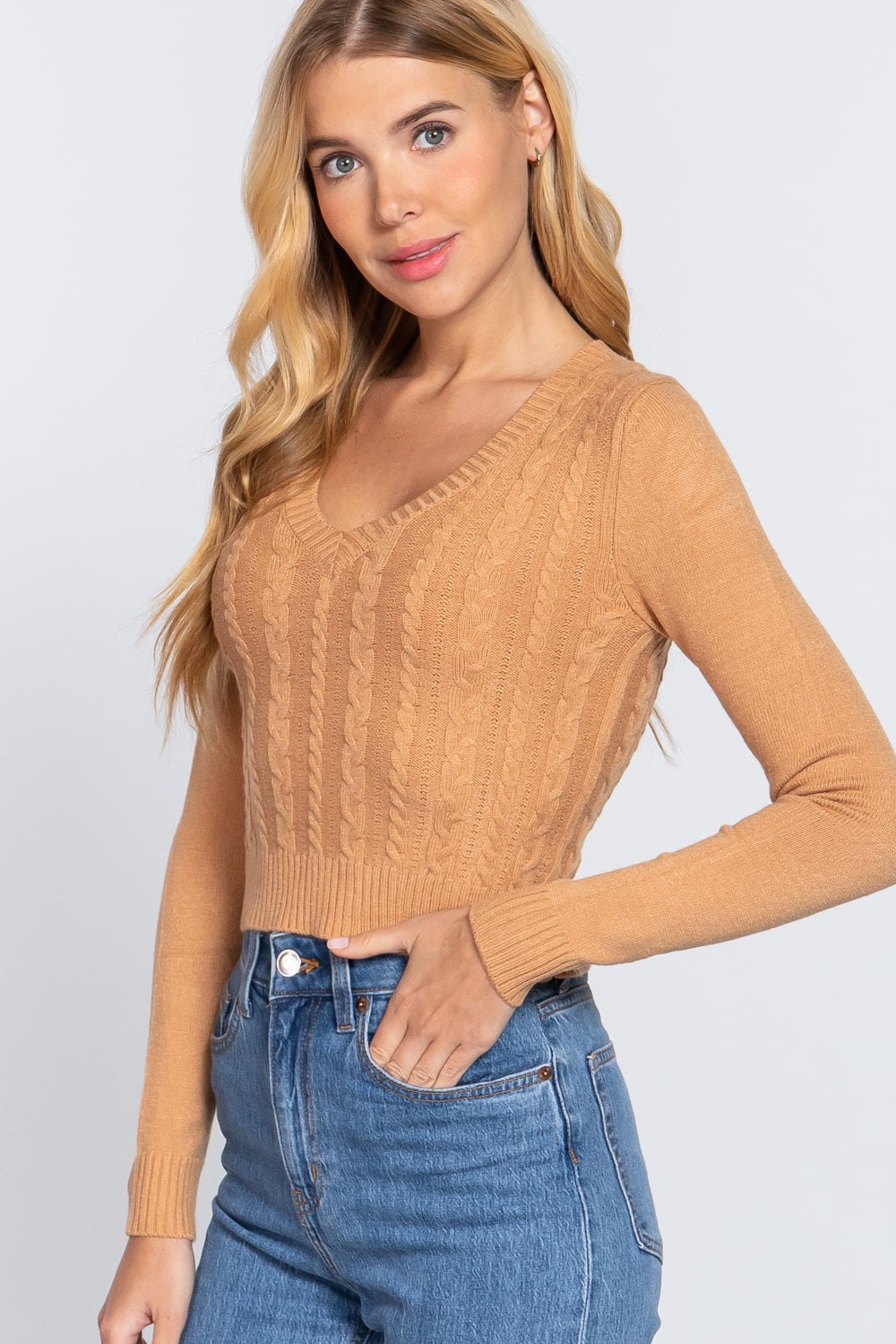 Long Sleeve V-neck Cable Sweater