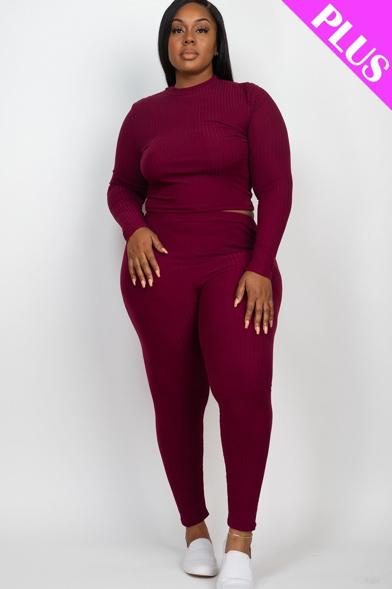 Plus Ribbed Mock Neck Long Sleeve Top & Leggings Set